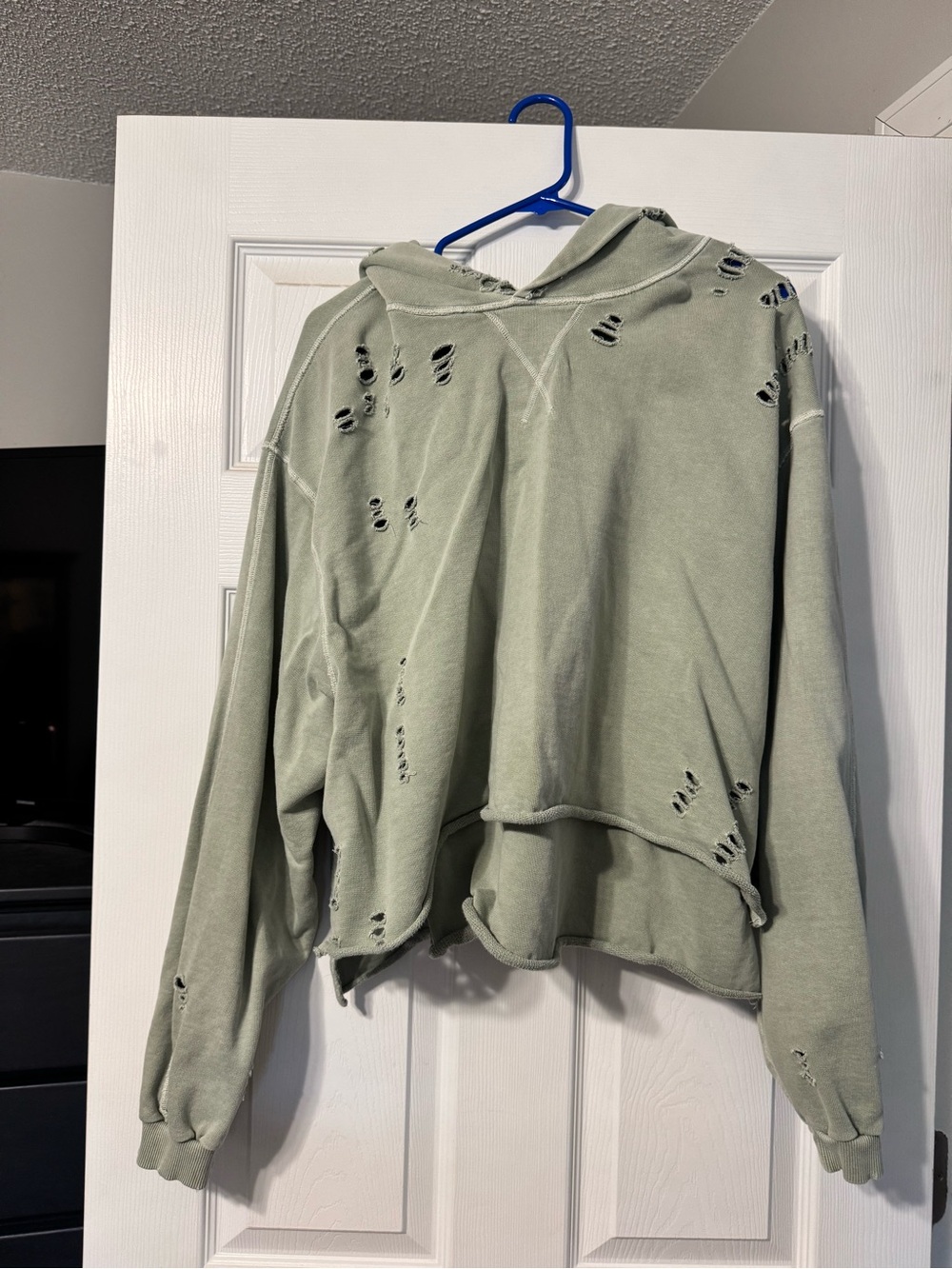 Distressed Sage Green Cropped Hoodie